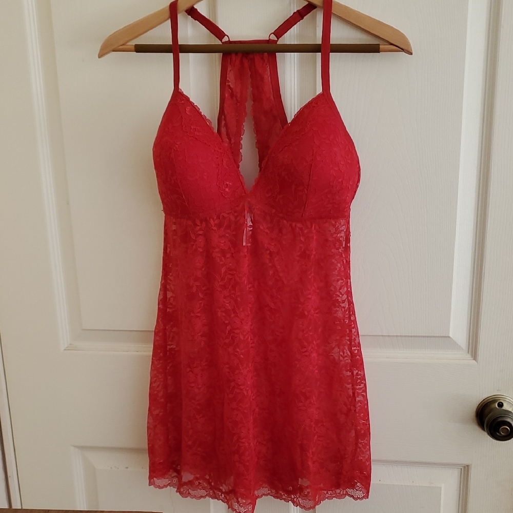 Gilligan & O'Malley Red Sheer Lace Chemise Babydoll Size Large NWOT